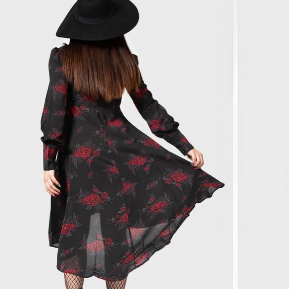 KILLSTAR PANDORA SHIRT DRESS High/Low Black Red Roses Collared Long Sleeve - Picture 8 of 9